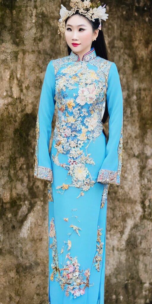 beautiful vietnamese woman wearing vietnamese ao dai, intricate, detailed, symmetric face 