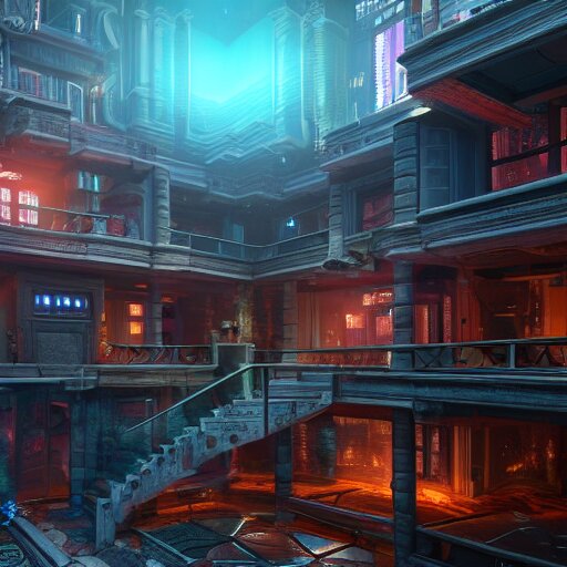 A photograph of a cyberpunk mansion set in a cyberpunk utopia. Highly detailed, 8k wallpaper, HDR, concept art, unreal engine 5, 4k, 8k, ray tracing, bloom, lens flare