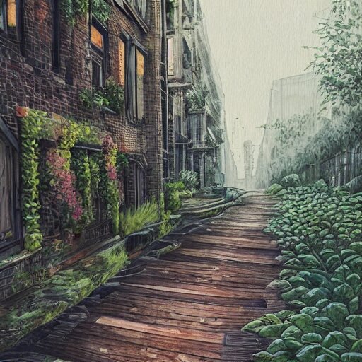 Wooden footpath next to narrow canal between buildings in beautiful overgrown futuristic sci-fi city in harmony with nature. Nice colour scheme, soft warm colour. Beautiful detailed watercolor by Lurid. (2022)