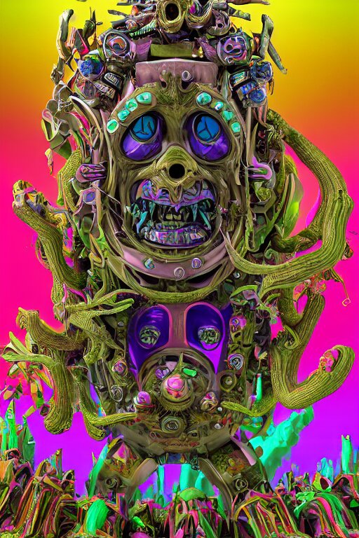 hyper-maximalist lowbrow style overdetailed 3d sculpture of a monster by clogtwo and ben ridgway inspired by beastwreckstuff chris dyer and jimbo phillips. Cosmic horror infused retrofuturist style. Hyperdetailed high resolution. Render by binx.ly in discodiffusion. Dreamlike surreal polished render by machine.delusions. Sharp focus. 