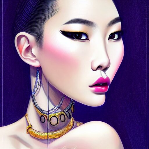 digital painting of a close up face portrait of an elegant, beautiful, sophisticated, fashionable, slender, rich, sleek, young vietnamese punk singer, imagining the rings of saturn. intricate eye detail focus, baroque, batik, by artgerm, range murata, jeremy lipking, trending on pinterest, artstation hq, vivid 8 k sharp depth of field, pristine global illumination, smooth 3 d, wallpaper quality. 