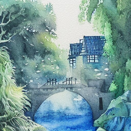 Beautiful happy picturesque charming sci-fi town in harmony with nature. Beautiful light. Water and plants. Nice colour scheme, soft warm colour. Beautiful detailed artistic watercolor by Olivia. (2022)