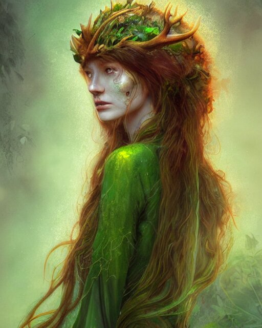 Lexica - Female druid, perfect face, thin antlers, green tunic, ginger ...