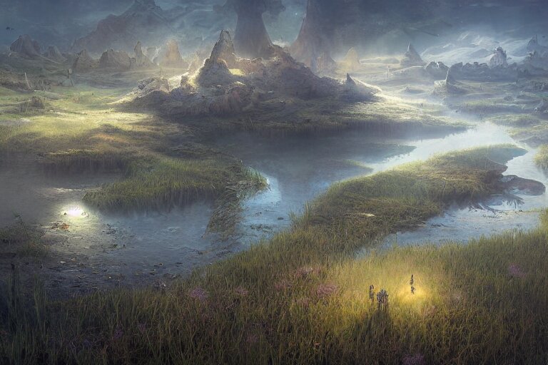 aerial view, fantasy painting, dungeons and dragons, a faerie village hovels, swamp reeds wetland marsh sunset estuary, with ominous shadows, an egret by jessica rossier and brian froud cinematic painting 