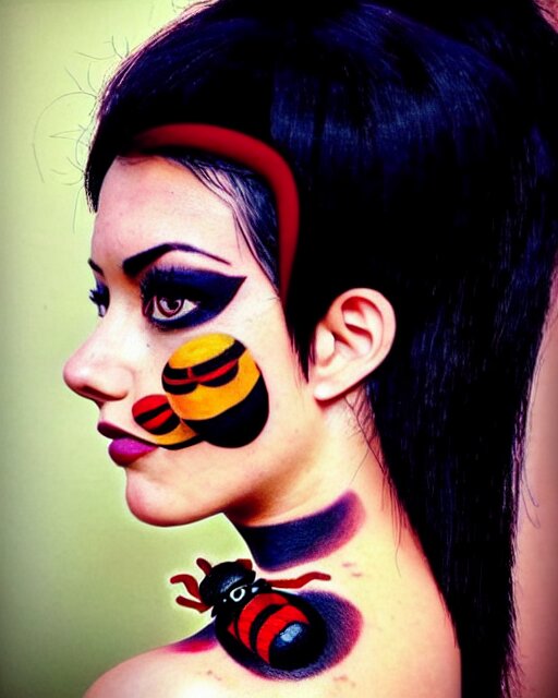 a tattoo of bee movie on the face of a woman with crimson - black hair, cute crimson - black bee - themed outfit, cinematic lighting, beautiful composition 