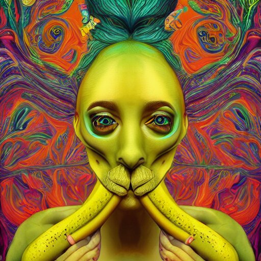 An extremely psychedelic portrait of a banana, surreal, LSD, face, detailed, intricate, elegant, lithe, highly detailed, digital painting, artstation, concept art, smooth, sharp focus, illustration