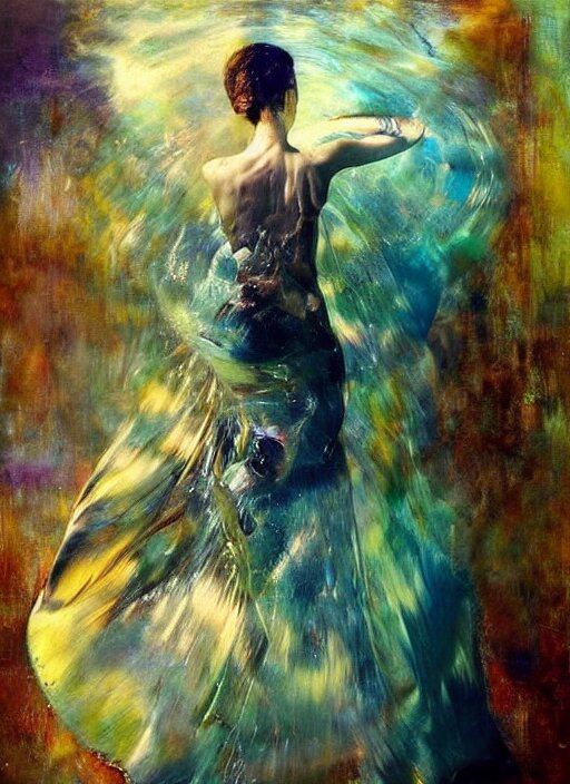 girl in a long dress swimming underwater, caustics, surreal underwater photography, oil painting by Boldini