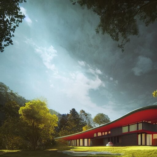 modernist house inspired by a tibetan palace, on a green hill between big trees, colorful clouds, dramatic lighting, artstation, matte painting, raphael lacoste, simon stalenhag, frank lloyd wright, zaha hadid 