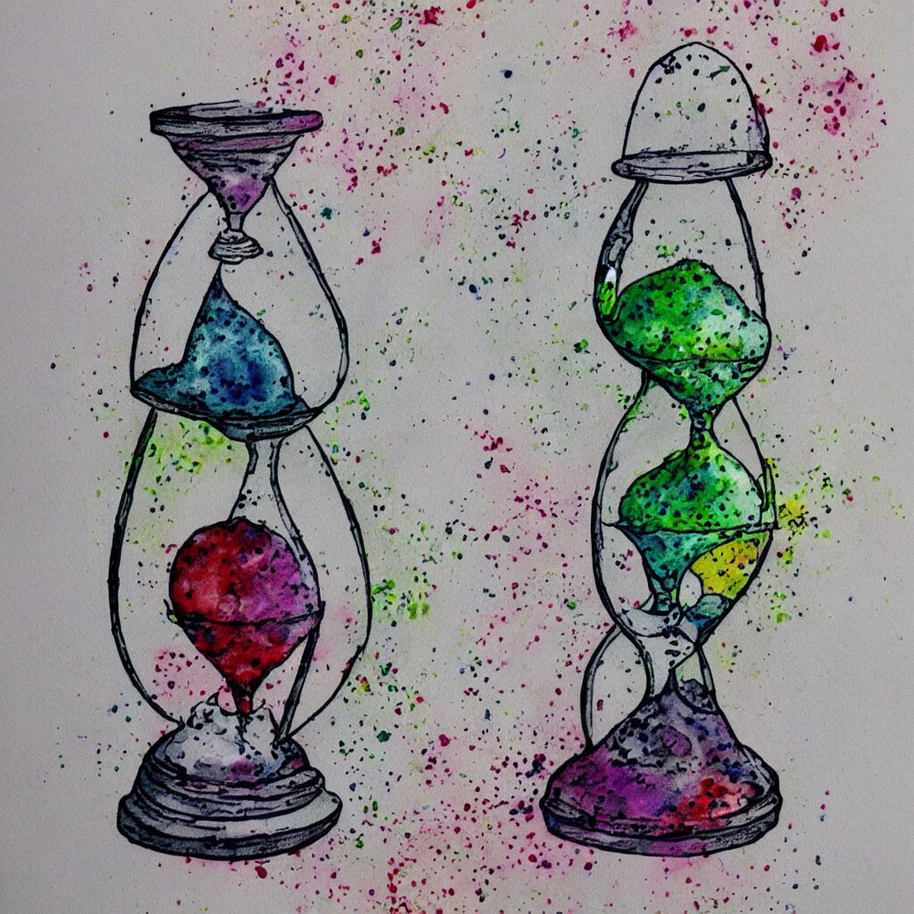 Splatter watercolor drawing of the hourglass of time