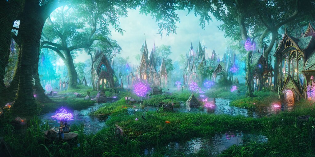 in an ethereal magical fairy city, highly detailed, 8 k, hdr, award - winning, octane render, artstation, volumetric lighting 