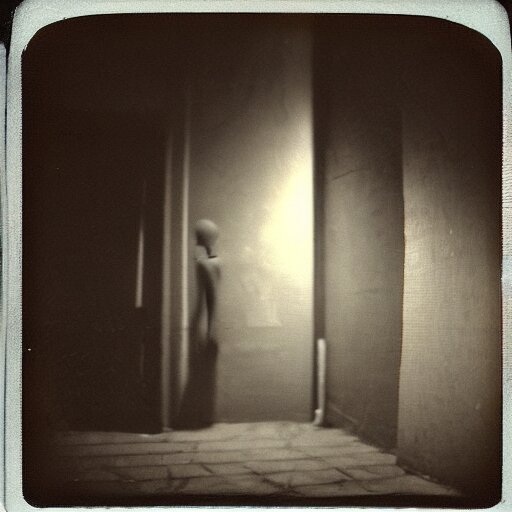 a mannequin at the top of a dark stairwell, abandoned, creepy, eerie, scary, old polaroid, expired film, out or focus, 