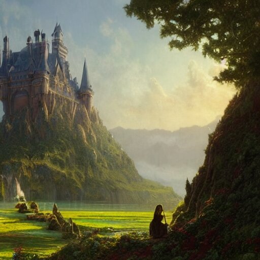 beautiful matte art of a big castle in a serene landscape, a knight riding a dragon, by albert bierstadt, green grass, highly detailed, crystal lighting, mystical, forest, hyperrealistic, 4 k, unreal engine, magical, by joe fenton, by greg rutkowski, by greg tocchini, by kaws, by kate beaton, by kaethe butcher 