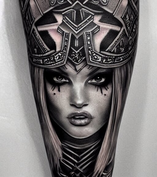 tattoo design on white background of a beautiful girl warrior, hyper realistic, realism tattoo, by eliot kohek 