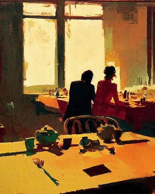 a man and a woman sitting at a table, a screenshot roman muradov and paul lehr and dan mumford, trending on pinterest, barbizon school, movie still, hall of mirrors, filmic 