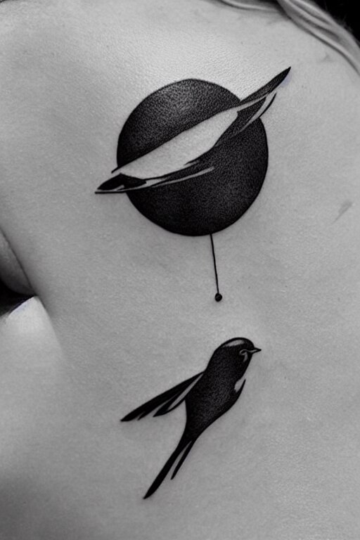 a beautiful tattoo design of minimalist swallows flying into spherical lines and simple basic shapes, black ink, abstract logo, line art 