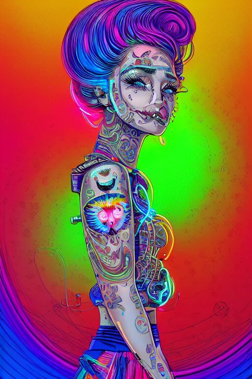 a award winning portrait of a beautiful woman with stunning eyes in a one off shoulder croptop and cargo pants with rainbow colored hair, outlined by whirling illuminated neon lines and fine lines swirling in circles by joe fenton, digital art, trending on artstation 