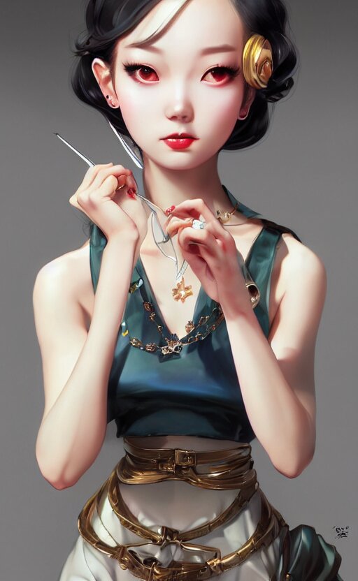 a pin up and beautiful fashion charming dreamlke korea girl with lv jewelry, character art, art by artgerm lau and kyoung hwan kim and and ilya kuvshinov and john singer sargent, hyperdetailed, 8 k realistic, symmetrical, frostbite 3 engine, cryengine, dof, trending on artstation, digital art 