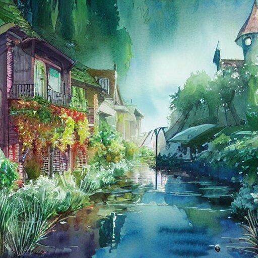 Beautiful happy picturesque charming sci-fi town in harmony with nature. Beautiful light. Water and plants. Nice colour scheme, soft warm colour. Beautiful detailed artistic watercolor by Vincent. (2060)