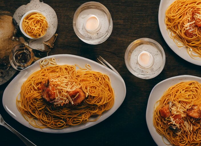 photo of a hamster eating spaghetti, at night, candlelit restaurant table, various poses, unedited, soft light, centered, sharp focus, 8 k 