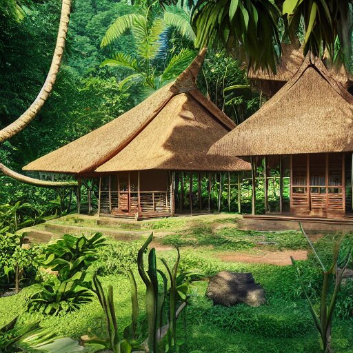 a beautiful 3d renderings of a little house in the jungle, Balinese architecture by SOM Architect, Studio Ghibli,. Architectural photography, 14mm, cinematic photography, high resolution 4k, cg architects, vray