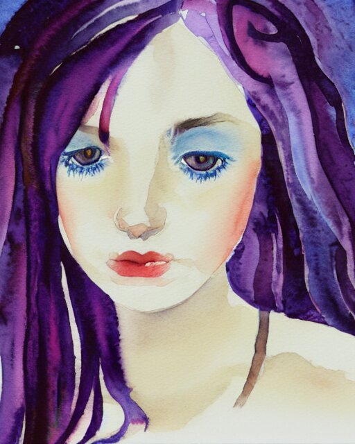 watercolor picture of a beautiful young woman in white dress, looking back at the camera, blue eyes, purple hair, high key, watercolor