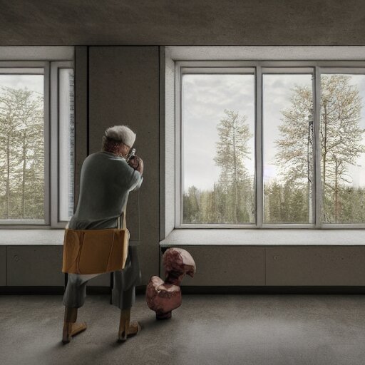 interior of brutalist style housing unit, neoplastic paintings as walls, an old person looking the forest landscape through a tall window, very detailed, octane render, hyperrealistic picture