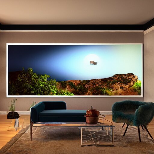 realistic extremely detailed photo real portrait painting of a mid-century modern house on cliff, in moon light, elegant, moody vibrant colors, herman miller, octane render, 4k