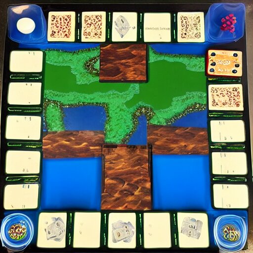 board for a board game including two large islands, two medium sized islands, and one small island 