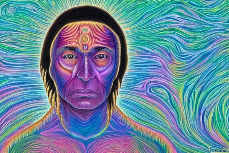 digital art of a spiritual native american man looking up at the stars, glowing light, acrylic art, universe, painting, pastel colors, alex grey, 