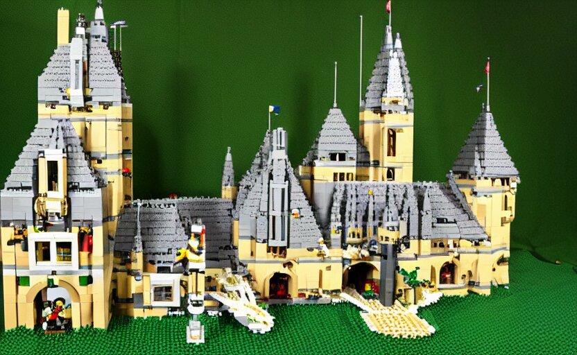 a realistic detailed accurate Lego set of a medieval French castle on a forested green hill