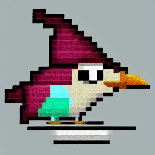 a bird with a hat in pixelart, white background 