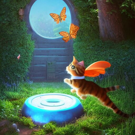 a wholesome cottagecore illustration of a cat chasing a butterfly through a portal to the 4th dimension, Pixar and Disney animation, sharp, Rendered in Redshift and Unreal Engine 5 by Greg Rutkowski, Bloom, dramatic lighting