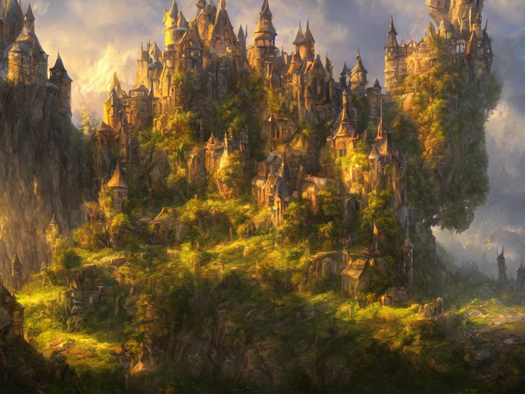 a beautiful masterpiece painting of a castle in a fantasy landscape by tyler edlin, perfect fine weather, summer, award winning, trending on artstation, 