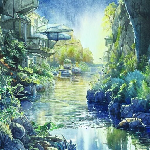 Beautiful happy picturesque charming sci-fi town in harmony with nature. Beautiful light. Water and plants. Nice colour scheme, soft warm colour. Beautiful detailed artistic watercolor by Lurid. (2022)