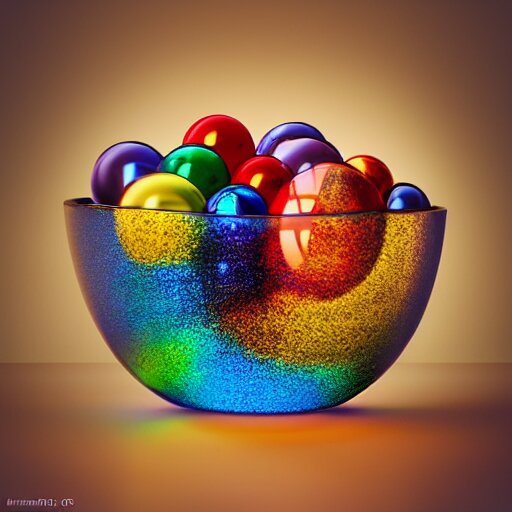 Lexica Glass art bowl filled with colored glass ball shapes, colorful