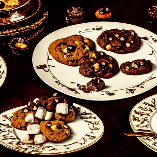 opulent banquet of plates of freshly baked chocolate chip cookies, delicious, glistening, chocolate sauce, marshmallows, highly detailed, food photography, art by rembrandt 