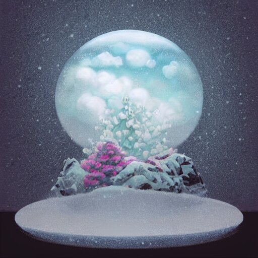 spring weather inside a snowglobe. Beautiful colorful clouds in moody greys and blues. High quality digital art, trending on artstation