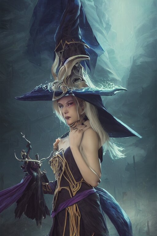 a beautiful dark magician girl with a large witches hat that covers her face by Greg Rutkowski, Sung Choi, Mitchell Mohrhauser, Maciej Kuciara, Johnson Ting, Maxim Verehin, Peter Konig, final fantasy , mythical, 8k photorealistic, cinematic lighting, HD, high details, atmospheric,