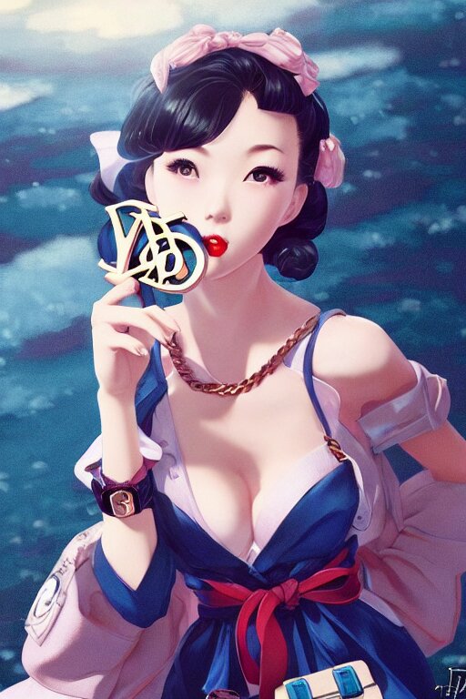 a pin up and beautiful fashion dreamlke japan girl with lv jewelry, character art, art by artgerm and wlop and and ilya kuvshinov, hyperdetailed, 8 k realistic, symmetrical, frostbite 3 engine, cryengine, dof, trending on artstation, digital art, chanel, dior, fantasy background 