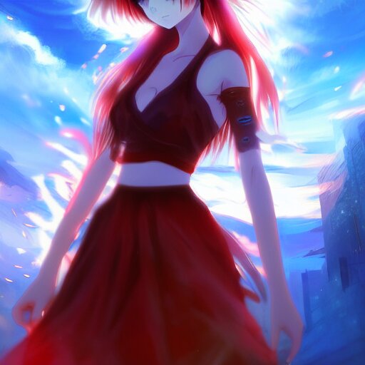 advanced digital anime art, a very cute gorgeous teenage girl made of fire and ice with red fiery watery eyes glancing over her left shoulder wearing a dress made of water is standing in an apocalyptic burning city, full body, full round face, dramatic cinematic lighting, highly intricately detailed, trending on pixiv, Artstation, painted by Rossdraws and the style of Sakimimichan