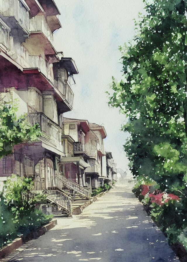 street lined with old residential houses summer watercolor by arti chauhan trending on artstation 