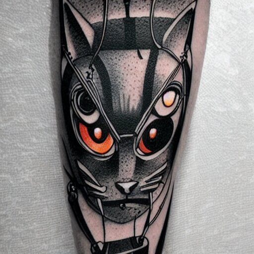 Anime manga robot!! cat tattoo, cyborg cat, exposed wires and gears, fully robotic!! cat, manga!! in the style of Junji Ito, Hayao Miyazaki and Naoko Takeuchi, cute!! chibi!!! cat, tattoo on upper arm, arm tattoo