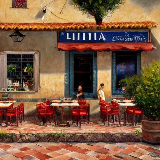 a traditional pizzeria in the street of a small village on the riviera. a terrace in the shade of a hundred - year - old olive tree, a friendly atmosphere around pizzas and rose wine. dolce vita. unreal engine rendering, hyper realist, ultra detailed, oil painting, warm colors, happy, impressionism, da vinci, 4 k, 