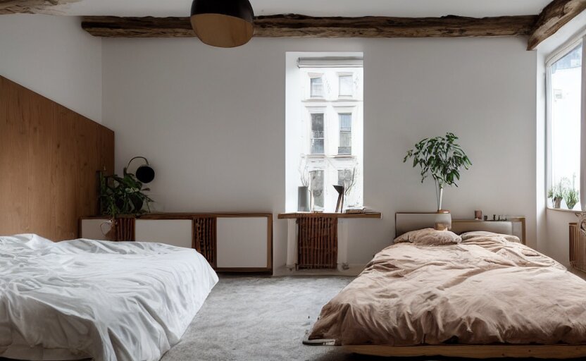 interior of a compact bedroom in an apartment building, bed, bronze wall, cupboards, czech design, swedish design, natural materials, minimalism, pine wood, earth colors, feng shui, rustic, white, beige, bright, plants, windows with a view of a green park, modernist, 8 k 