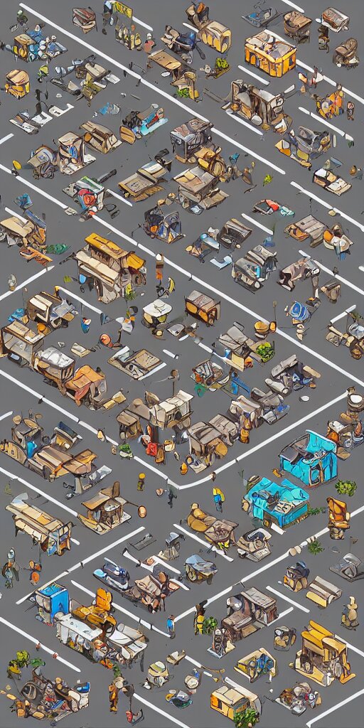 junkyard slum houses and shops. pixel art asset sheet. isometric perspective. concept art. science fiction. 