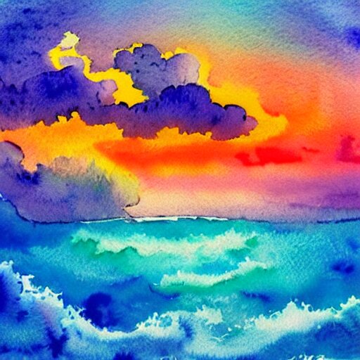 a beautiful watercolor painting of a beautiful ocean with peaceful fluffy clouds in the sky 