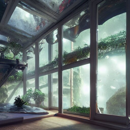 a spacious room with freshwater aquariums as walls, hyper realistic, ambient lighting, concept art, intricate, hyper detailed, smooth, dynamic volumetric lighting, octane, raytrace, cinematic, high quality, high resolution, 4 k, cgsociety, rutkowski, gurney 