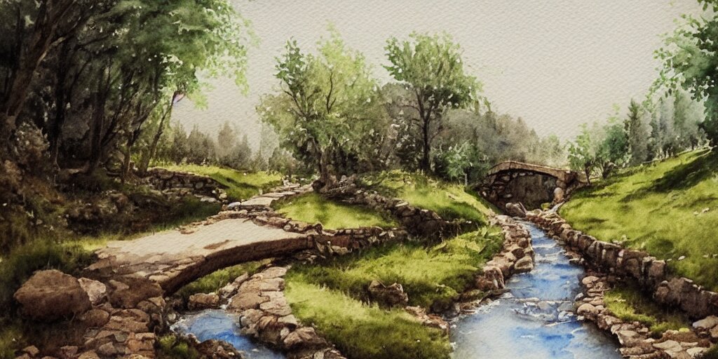 medieval path in the countryside, crossing a small river with a small bridge, exquisite masterpiece watercolor painting, trending on artstation 