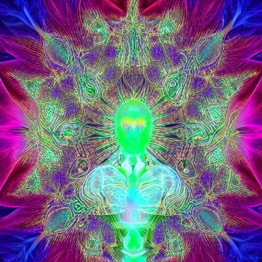 faceless, shrouded figure, powerful being, plant spirit, fractal entity, spirit guide, light being, pearlescent, shiny, glowing, ascending, chromatic aberration, prismatic, weird, odd, surreal, smooth, shaman, symmetry, subtle pattern, pastel colors, ghostly, visions, visionary art