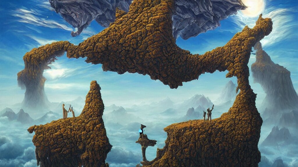 fantasy landscape with anthropomorphic!!! terrain!!! in the styles of igor morski, jim warren, and rob gonsalves, intricate, hyperrealistic, volumetric lighting, big sky, distinct horizon 